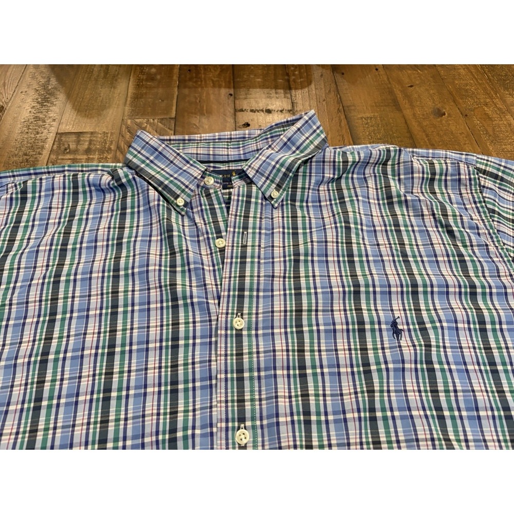 Ralph Lauren Mens 3XLT Plaid Performance Button Down Shirt Blue Stretch Nylon